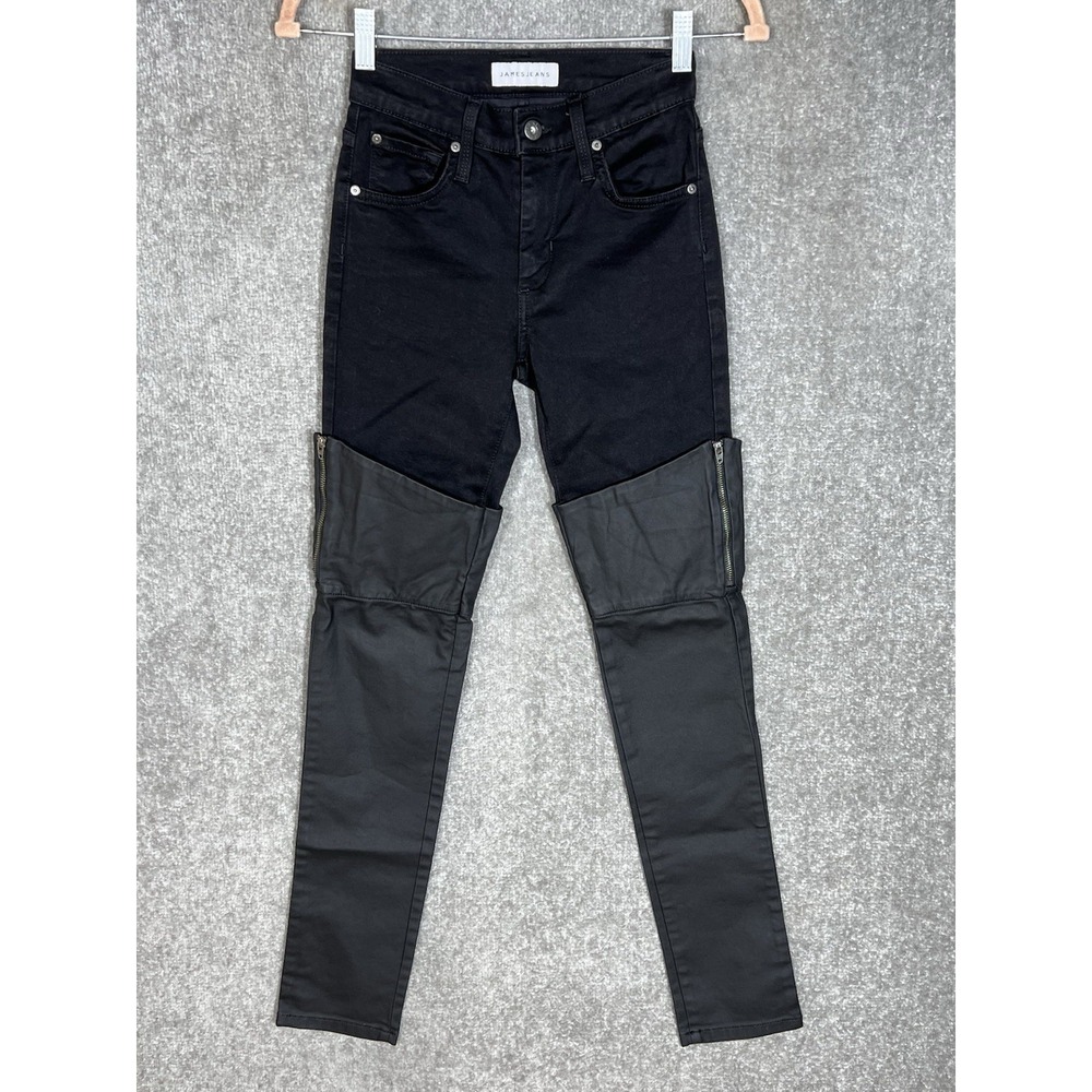 James Dee Dee Femme Fatale Waxed Thigh High Jeans Womens Sz 24 Black Stretch USA
